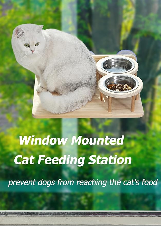 Cat Window Shelf Feeding Station,Wood Window Seat Mounted with Heavy Duty Suction Cups for Cats Sunbathing and Overlooking
