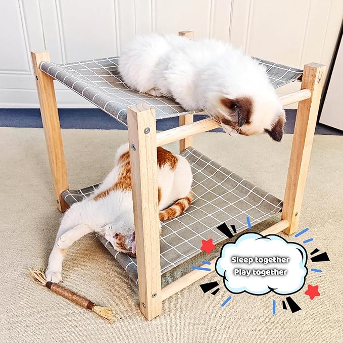 2 Layer Cat Hammock Bed for Indoor Cats, 17.0''×17.0'' Big Size Cat Hammock, Pine Wood Elevated Cat Bed, Good for All Seasons(Grey)