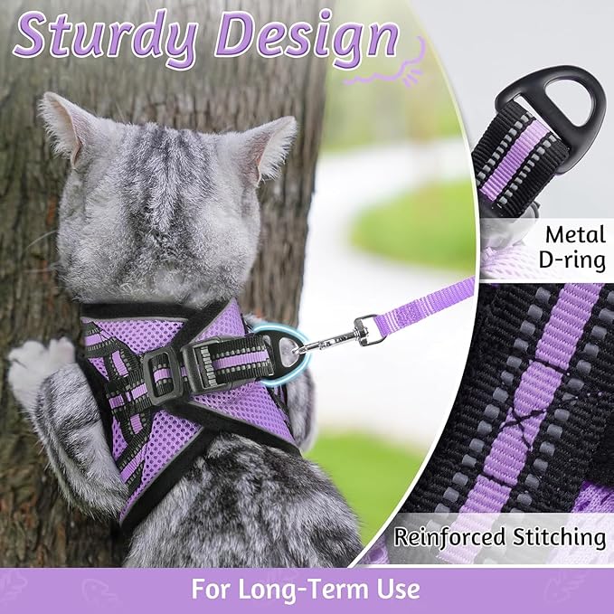 rabbitgoo Cat Harness and Leash Set for Walking Escape Proof, Adjustable Soft Kittens Vest with Reflective Strip for Cats, Comfortable Outdoor Vest, Light Purple, XL