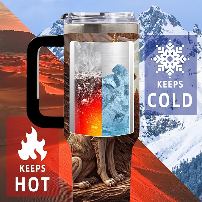 40 Oz Wolf Tumbler with Handle and Straw, Cool Stainless Steel Insulated Tumblers for Women Men, Birthday Gifts for Wolf Lovers Brother Dad