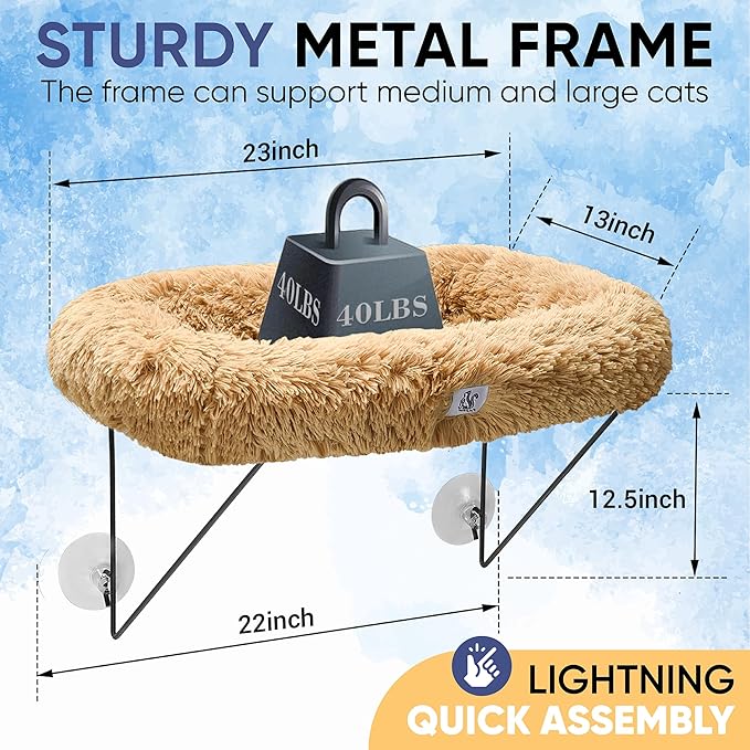 HIPCAT Cat Window Perch with Free Cat Toy - Cat Bed - Comfy Cat Hammock - Cat Shelf - Extra Strong Suction with Cordless Sturdy Metal Frame - Holds Medium & Large Cats - (Beige)