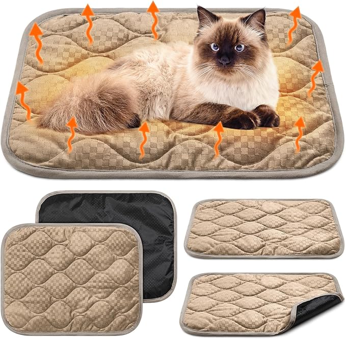 4 Pack Self Warming Cat Bed 16 x 20 Self Heating Cat Mat Warm Thermal Pet Pad Washable Dog Crate Pad Body Heat Dog Cat Bed Mat Blanket Non Slip Bottom for Outdoor Indoor Pets(Camel)
