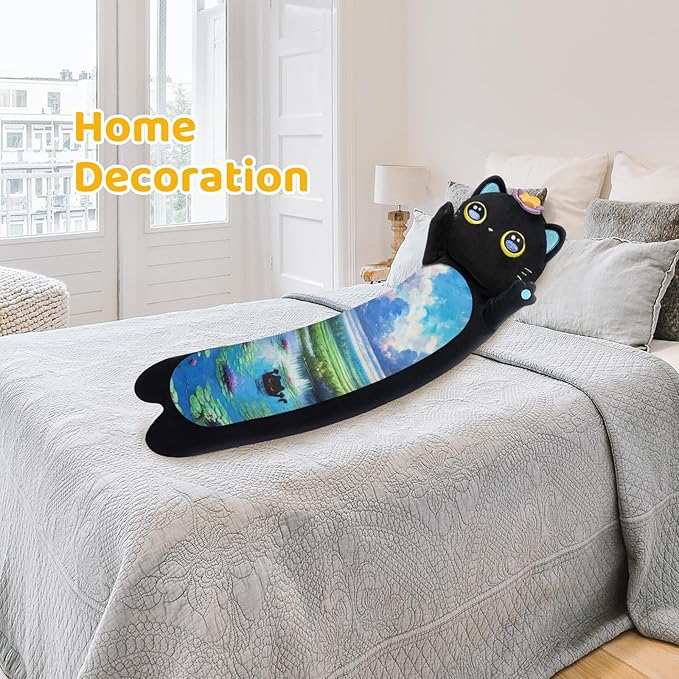 Artist-Designed Ultra Soft Long Cat Plush Body Pillow, Extra Stuffing for Comfort, Premium Quality Stuffed Animal Gift for Girlfriend or Cat Lovers (Butterfly Black Cat 20 Inches)