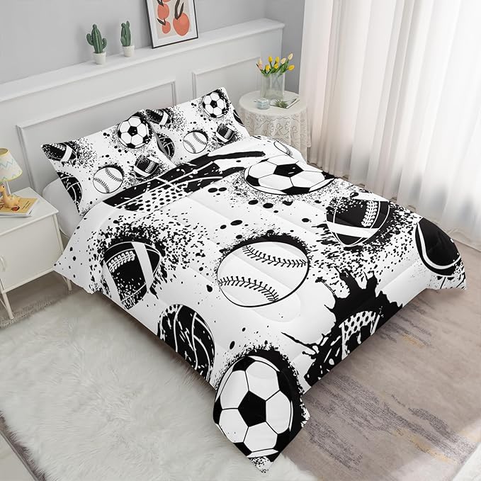 Axolotl Ball Sports Queen Comforter Set, Football Soccer Bedding, Baseball Comforter Set, Hip Hop Graffiti Artwork Bedding For Boys Kids Men, 1 Quilt 2 Pillowcases
