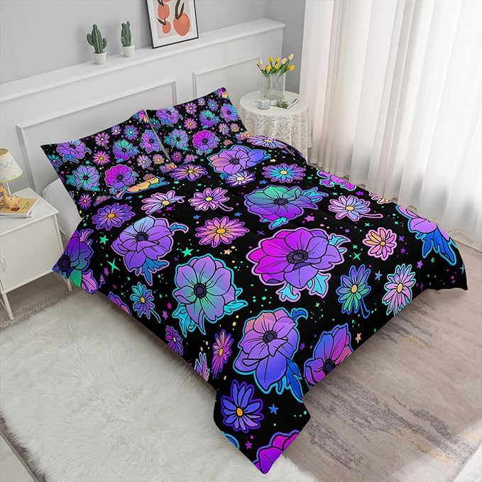 Axolotl Neon Floral Bedding Set Queen,Gradient Floral Comforter Set for Girls,Colorful Flower Bedding Set Stars,Galaxy Series Comforter for Kids Boys Girls Teens Adults,1 Quilt 2 Pillowcases,Black