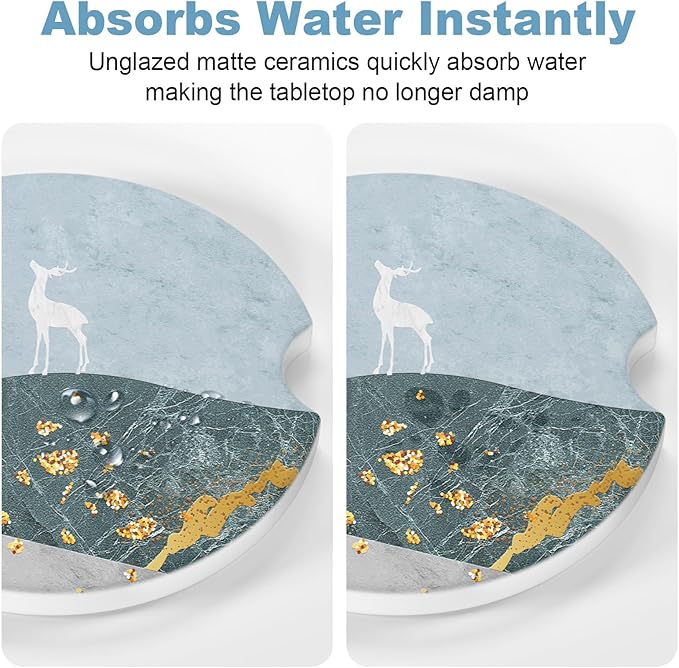 2 Pack Car Cup Holder Coasters, 2.63 inch Anti Slip Insert Absorbent Ceramic Coasters with Cork Base and Finger Notch, Cute Car Accessories for Women