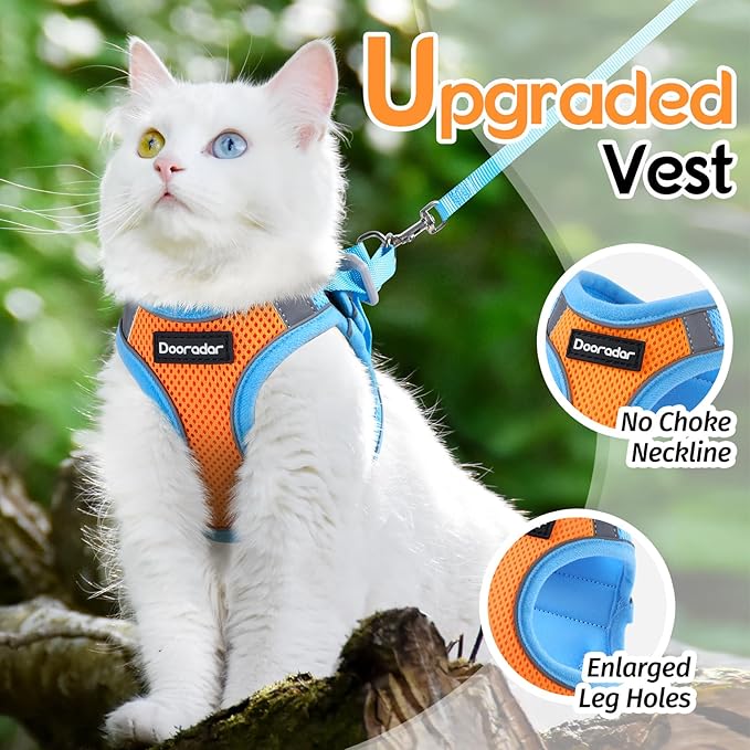 Dooradar Cat Harness and Leash Set, Escape Proof Lightweight Kitten Harness, Soft Breathable Reflective Vest for Outdoor Walking Traveling, Adjustable for Large Cats, Orange & Blue, L