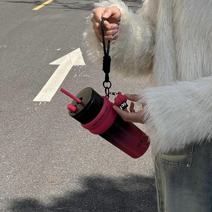 24 OZ Insulated Leak Proof Tumbler with Lid and Straw, Stainless Steel Coffee Travel Mug for Hot and Cold, Reusable Portable Water Bottle, Metal Thermal Cup Gift for Women, Black and Pink