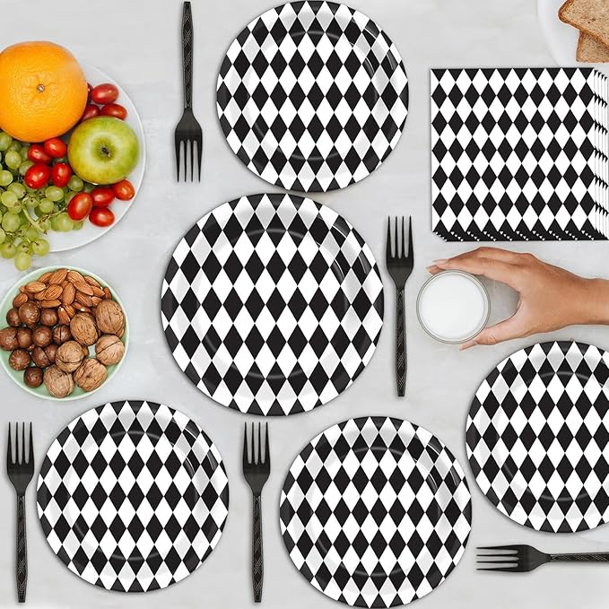 96Pcs Wonderland Party Supplies Black and White Checkered Party Plates and Napkins Race Car Party Disposable Tableware Decorations for Birthday Baby Shower Party Favors for 24 Guests
