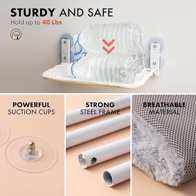 MEWOOFUN Cat Window Perch, Cat Window Hammock with Strong Suction Cups, Cat Window Bed with Steel Frame and Removable Cushion Cover, Cat Hammock Cat Window Seat for Indoor Cats (Grey, Large)