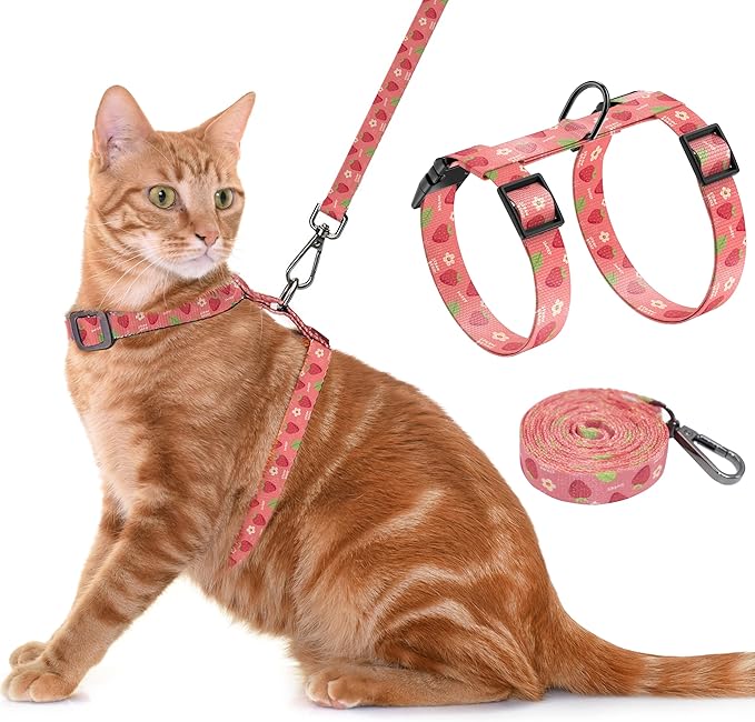 Cat Harness and Leash Set, Adjustable Kitten Harness Escape Proof Cats Harness, Soft Lightweight Walking Travel Pet Harness, Cute Kitty Harness Leash Set for Small Medium Cats, Pink Strawberry