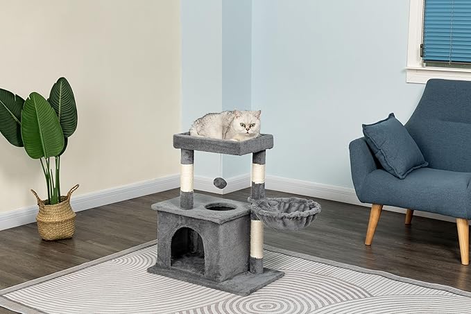 Go Pet Club Everyday Value 26in Cat Tree Tower Cat Condo Comfy Large Perch, Scratching Posts, Dangling Ball, Cat Play Tower for Cats and Kittens, Gray