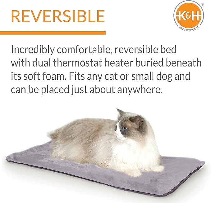 K&H Pet Products Heated Thermo-Kitty Mat, Indoor Heated Cat Bed, Pet Heat Pad for Indoor Cats and Small Dogs, Cat Heating Pad, Electric Thermal Warming Cat Bed Mat, Gray 12.5 X 25 Inches