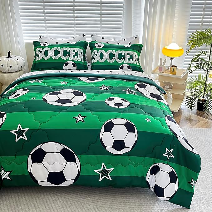 7 Piece Boys Soccer Comforter Set Queen Size Bed in A Bag 3D Football Playground Sports Bedding Set for Kids Microfiber Comforter All Season Green