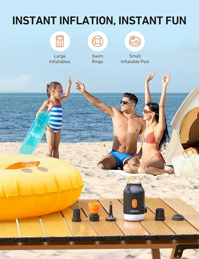 AstroAI Mini Air Pump for Inflatables with 3000mAh Battery Portable Air Mattress Pump with Camping Lantern Electric Air Pump with 5 Nozzles Inflate & Deflate Air Mattress, Vacuum Storage Bags Gray