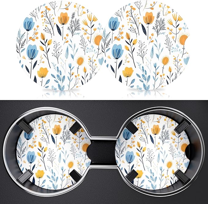 2 Pack Car Coaster, 2.63 inch Anti Slip Insert Absorbent Ceramic Coaster with Cork Base and Finger Notch, Cute Car Accessories Interior for Women