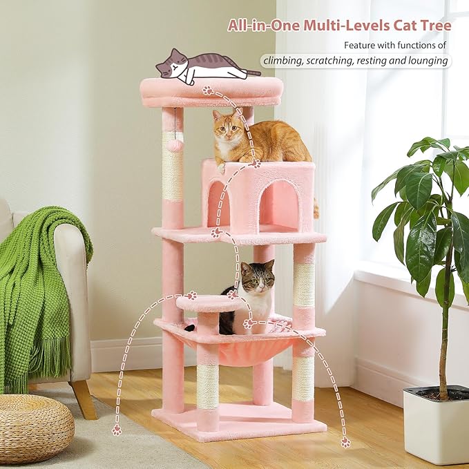 PETEPELA 45.7" Cat Tree for Indoor Cats, 5-Level Cat Tower for Large Cats with Metal Frame Large Hammock (17.3"x15.3"), Cat Condo with (18.5"x13") Big Top Perch & 4 Sisal Covered Scratching Post, Pink