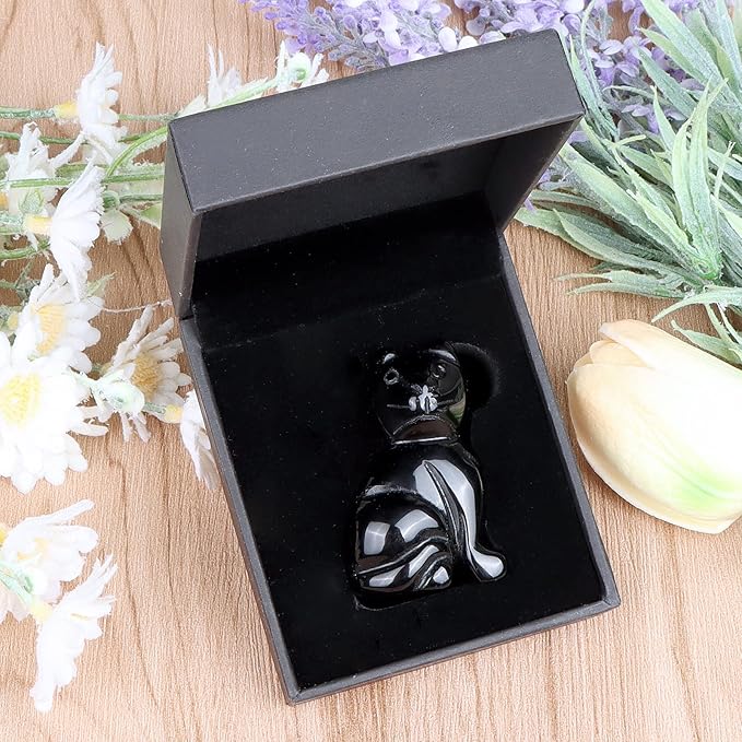 2" Black Obsidian Crystal Cat Figurine Cat Sculpture Kitten Carving Animal Healing Crystals Gemstone Collectibles Home Art Decor