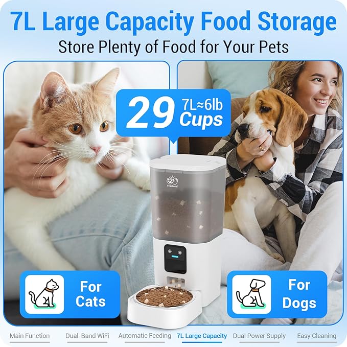 5G WiFi Automatic Cat Feeder with Wall Hook: Automatic Dog Feeder with 7L Large Food Storage Container, Cat Food Dispenser with Alexa for Multiple Pets, Detachable for Easy Clean -29 Cup