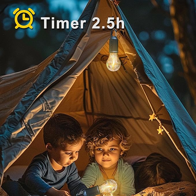 4 Pack Camping Lights Rechargeable, Hanging Tent Lights Bulb with Hook, Timer Function, 3 Lighting Modes Tent Lamp for Camping, Hiking, Backpacking, Emergency Outage (White)