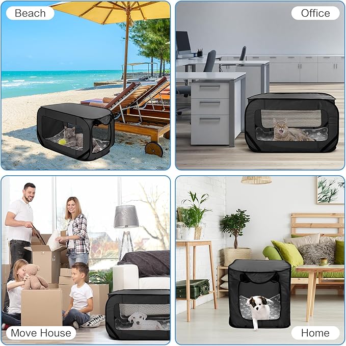 37 Inch Portable Cat Dog Crate with Mat Liner Pop up Dog Kennel Pet Tent Car Seat Travel Kennel Bed for Indoor Outdoor Waterproof Pet Crate Cage for Large Cat Medium Puppy Camping(Black)