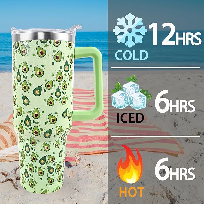Avocado Tumbler 40 oz Tumbler with Handle and Straw Lid Leak Proof - Birthday Gifts for Women Travel Coffee Mug Insulated for Hot Cold Ice - Avocado Gifts for Women Mom Mothers Day