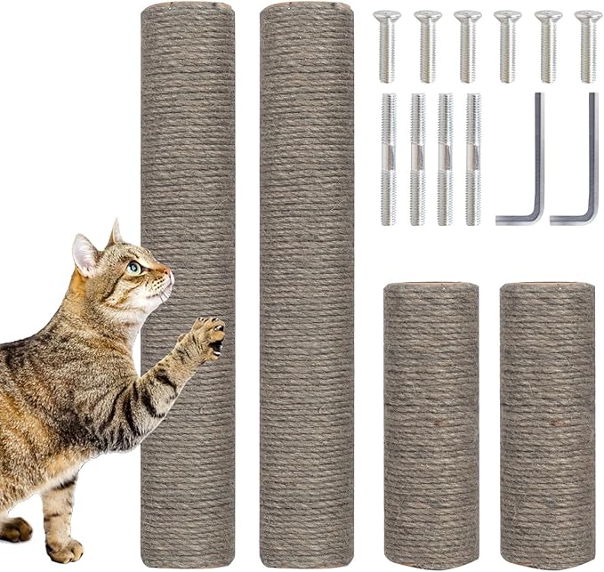 Barelove 4 Pack Cat Scratching Post Replacement, 15.7“ 7.9" Natural Sisal Rope Scratcher Posts Refill for Indoor Kittens Tower, Hemp Rope Scratch Pole Part Furniture Accessories with M8 Screws, Grey