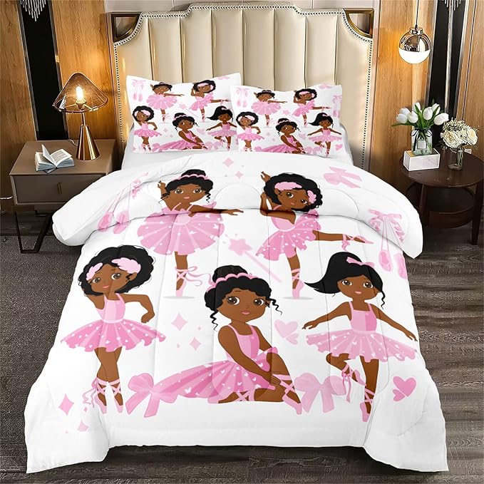 African American Comforter Set 3Pcs for Kids Pink Black Cute Little Dancers Twin Bedding Set for Girls Queen Size Soft Lovely Ballet Girl Duvet Cover with 2 Pillowcases for All Season