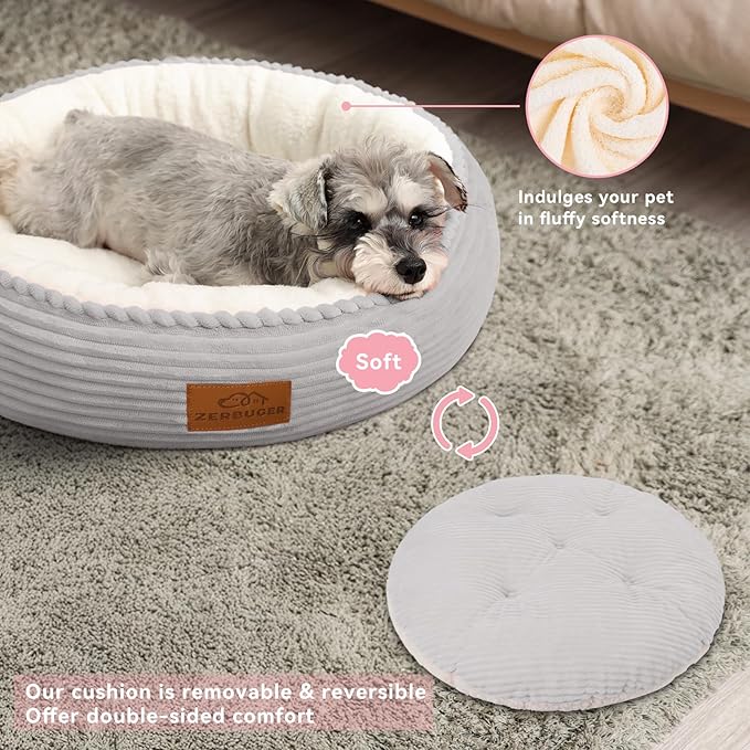 30in Round Cat Dog Bed for Large Medium Small Dogs Cats, Machine Washable Sleeping Sofa, Non-Slip Bottom Breathable Soft Calming Pet Cuddler for Indoor/Outdoor/Car/Cage, Light Grey