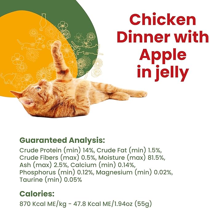 almo nature HQS La Cucina Chicken with Apple in Jelly, Grain Free, Additive Free, Adult Cat Wet Food, Shredded, Pouches, 24 x 55g/1,94 oz