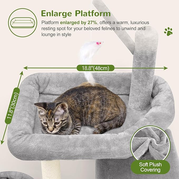 F46C Versatile Play Cat Tree Tower | 46-Inch Sturdy Cat Condo with Scratching Posts, Hammock, Multiple Platforms & Anti-Tip Kit for Large Multi-Cats | Premium Quality Materials, Light Gray