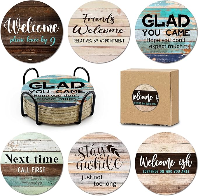 6 PCS Sarcastic Absorbent Cork Coasters for Drinks,Farmhouse Bar for Drinks with Holder,Funny Coasters to Protect Your Coffee Table,Gift for New Home Housewarming Bar Decor