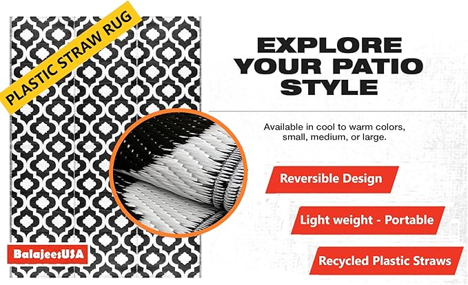 BalajeesUSA rv mats Outdoor Rug – 9x12, Black Reversible Recycled Plastic Straw Outdoor Patio Rugs Clearance Waterproof Large RV Camper Mats 514