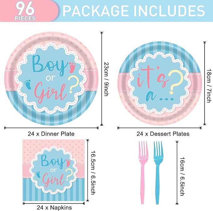 96 Pcs Gender Reveal Party Plates Napkins Forks Decorations Dinnerware Set Disposable Paper Boy or Girl Baby Birthday Supplies Tableware Favors, Serves 24 Guests
