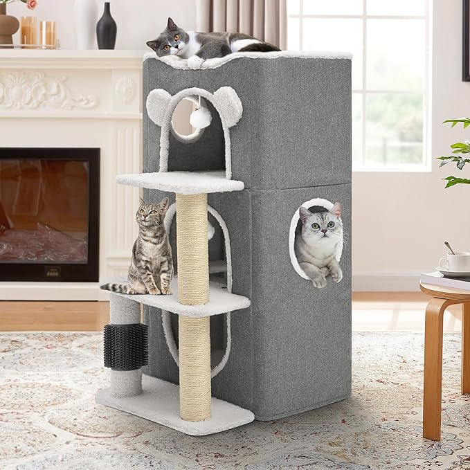 YIATHOME 3-Tier Cat House, Cat Beds for Indoor Cats, Modern Cat Condo with Highway Cave, Scratch & Itching Post, Climbing Stand, Cat Cube Playhouse for Multi Kittens, Grey