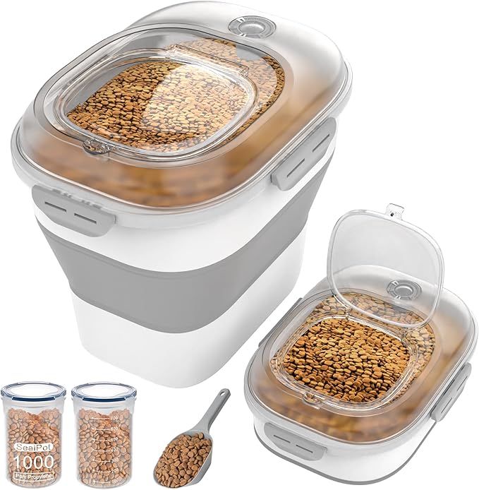 32-35 Lbs Dog Food Storage Container,Collapsible Dog Food Container with Transparent Airtight Lid,Wheels,Date Track,Pet Food Storage Container for Rice,Flour,Sugar,Scoop And 2PCS Containers