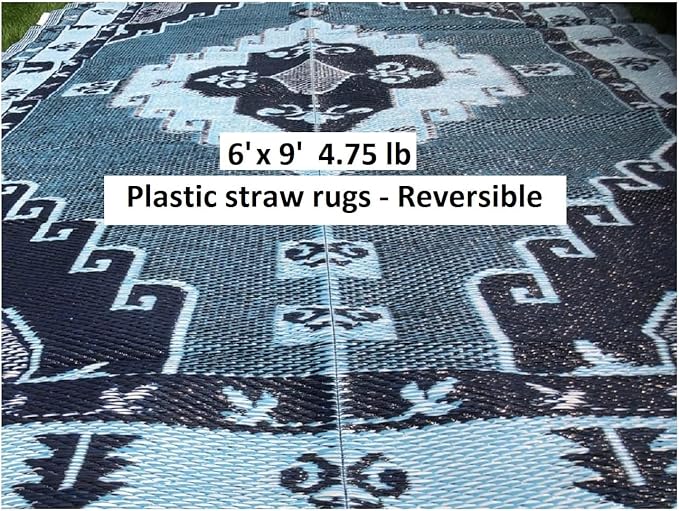 BalajeesUSA Outdoor Rug - 6x9 feet, Blue, Grey, Reversible, Portable, Duarable, Waterproof, Plastic straw patio rugs, Large RV camper mat 140