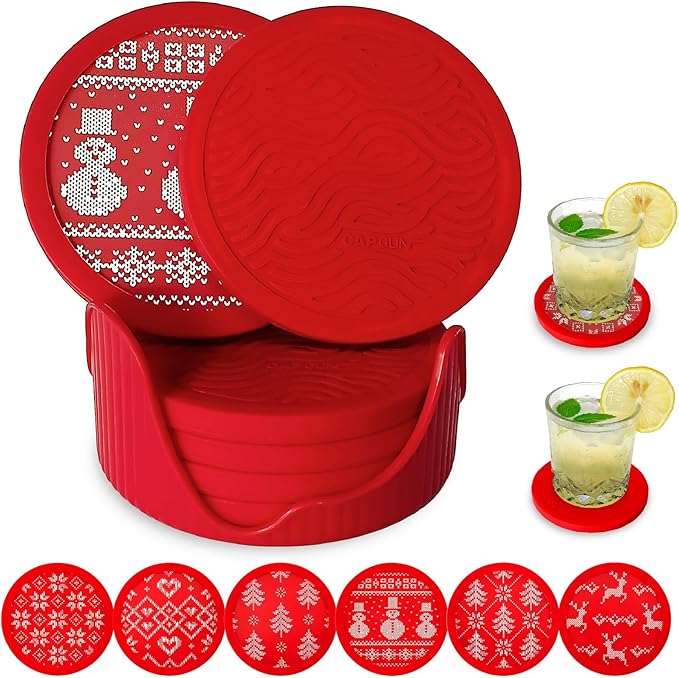 6-Pack Silicone Coasters with Deep Tray Holder, Double-Sided Drink Coasters, Christmas Decorations