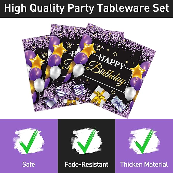 96 Pcs Purple Party Plates and Napkins Decorations Tableware Set Supplies Disposable Paper Dessert Birthday Table Dinnerware Favors Set, Serves 24 Guests