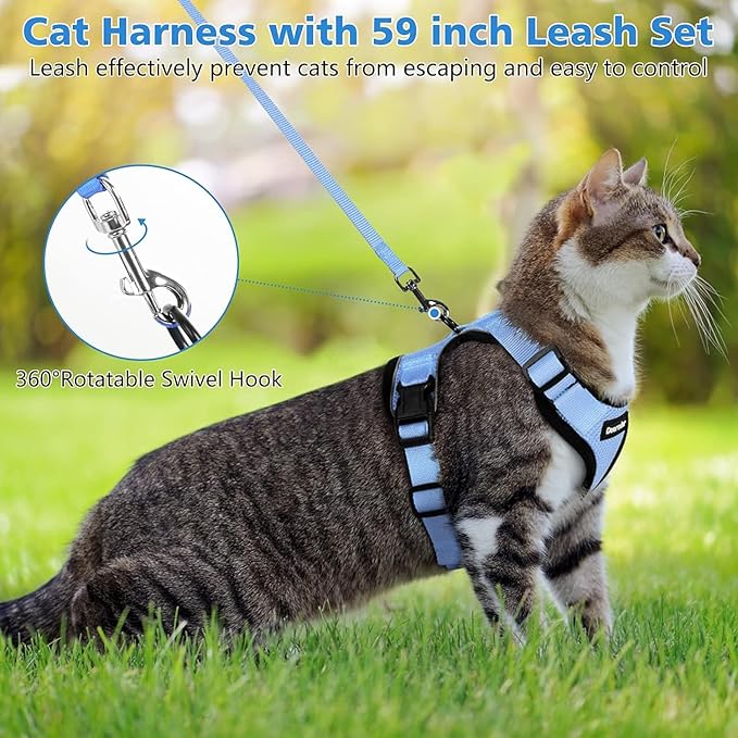 Dooradar Cat Harness and Leash Set, Escape Proof Safe Adjustable Kitten Vest Harnesses for Walking, Easy Control Soft Breathable Mesh Jacket with Reflective Strips for Cats, Light Blue, XXS