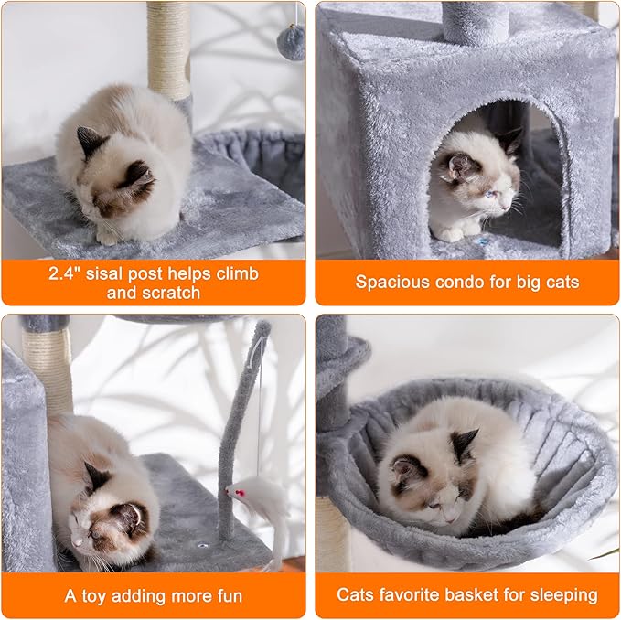 Heybly Cat Tree with Toy, Cat Tower condo for Indoor Cats, Cat House with Padded Plush Perch, Cozy Hammock and Sisal Scratching Posts, Light Gray HCT004W