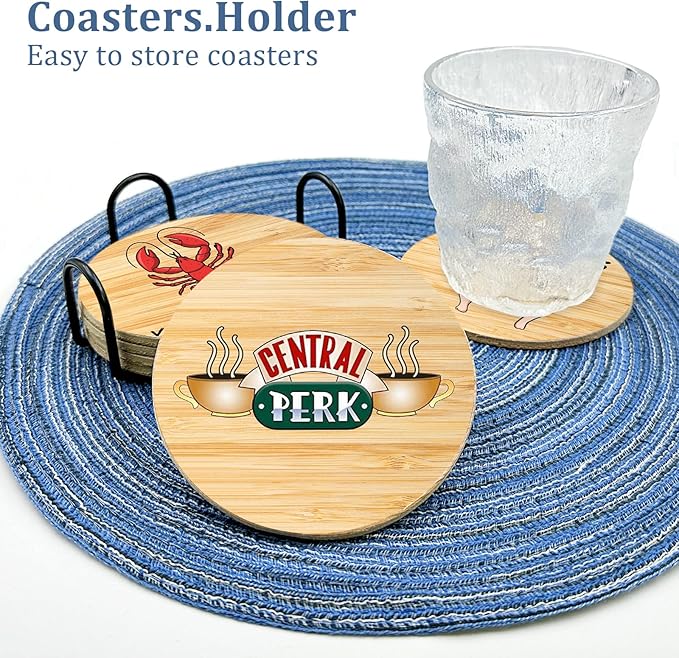 6 PCS Friends Cork Coasters for Drinks,Friends TV Show Merchandise,Funny Coasters Set with Coaster Holder for Coffee Table Tea Table bar,Friend TV Themed Gifts for Fans