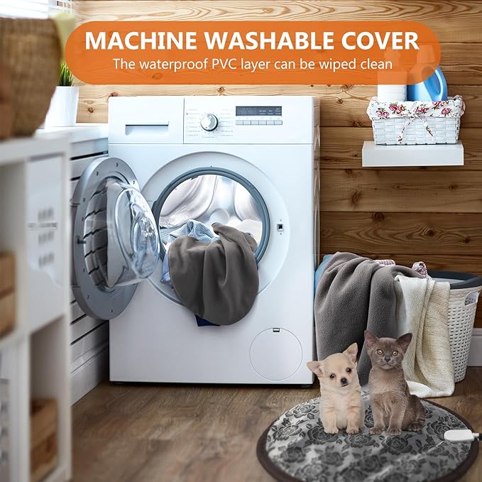 Riakrum 2 Pcs 16in Cat Heating Pad Round Pet Heating Pad Waterproof Cat Warming Pad Pet Electric Heating Mat Adjustable Heated Dog Pad with Washable Cover, Switch, Anti Bite Steel Cord for Cats Puppy