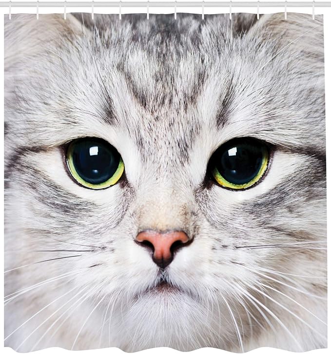 Ambesonne Animal Shower Curtain, Cat Print Kitten Kitty Face Look Closeup Portrait Digital Photography Domestic Pet, Cloth Fabric Bathroom Decor Set with Hooks, 69" W x 75" L, Off White Avacado Green
