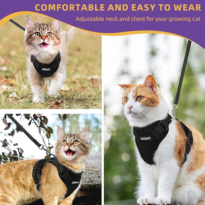 Adjustable Cat Harness and Leash Set for Outdoor Walking, Soft Breathable Mesh Cat Harness with Reflective Strips,Escape Proof Safe Cat Vest Harness, Black (XS)