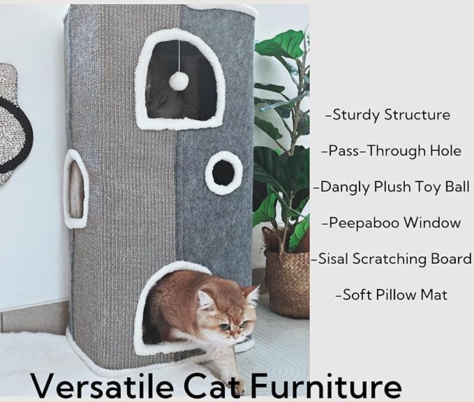 4-Level Cat House for Indoor Cats, Large Adult Cat Cave Bed Cats Cube House with Scratch Pad Cat Towers, Cute Kitten Condo Hideaway Hut with Soft Pillow Mat for Multi Pets Under 55 lbs
