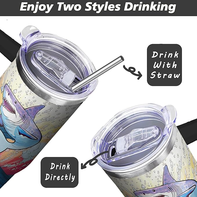 40 Oz Stainless Steel Tumbler with Handle and Straw, Double Wall Insulated Shark Cup with Straw, Leak Proof Shark Coffee Mug and Tumbler for Adults Gifts