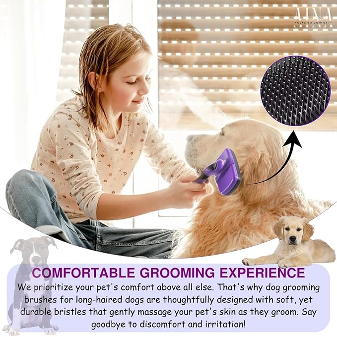 AINA Self-Cleaning Pet Grooming Brush | Pet Slicker Brush for Dogs & Cats Detangling & Fur Removal with Click Clean Button | Effective & Comfortable Pet Deshedding Brush, Perfect for Pet Grooming