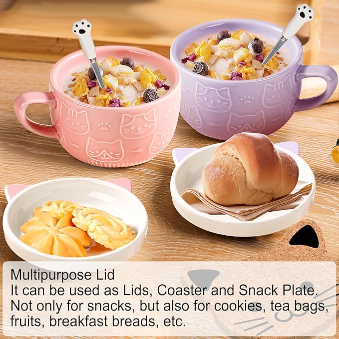 2PCS Cute Mug Kawaii cat Tea Cup Ceramic Coffee Mug with lid,Tea Cups and Saucers for Dessert Tea Mug Cute Gifts Cat lover gifts for women Anime gifts for women Christmas Gifts 10oz (Pink +Purple)