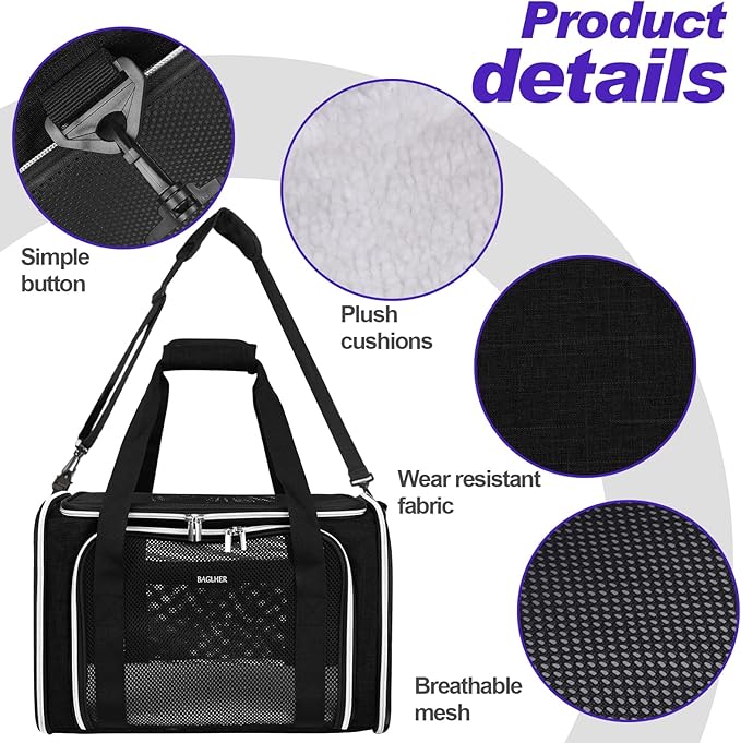 BAGLHER Pet Travel Carrier, Cat Carriers Dog Carrier for Small Medium Cats Dogs Puppies, Airline Approved Small Dog Carrier Soft Sided, Collapsible Puppy Carrier. Black